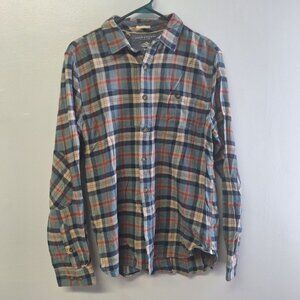 Denim‎ & Flowers Plaid Button Down Collar Mens L Ricky Singh Green Pocket Cotton